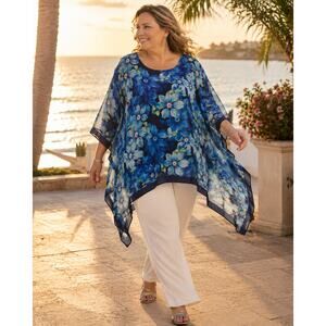 Avenue Plus 22 24 Blue Floral Metallic Tunic Kaftan Boho Lagenlook Top ArtsyBoho